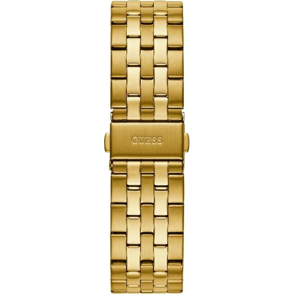 Reloj de pulsera multifunción GUESS para hombre, acero inoxidable dorado con detalles negros, pantalla analógica y calendario