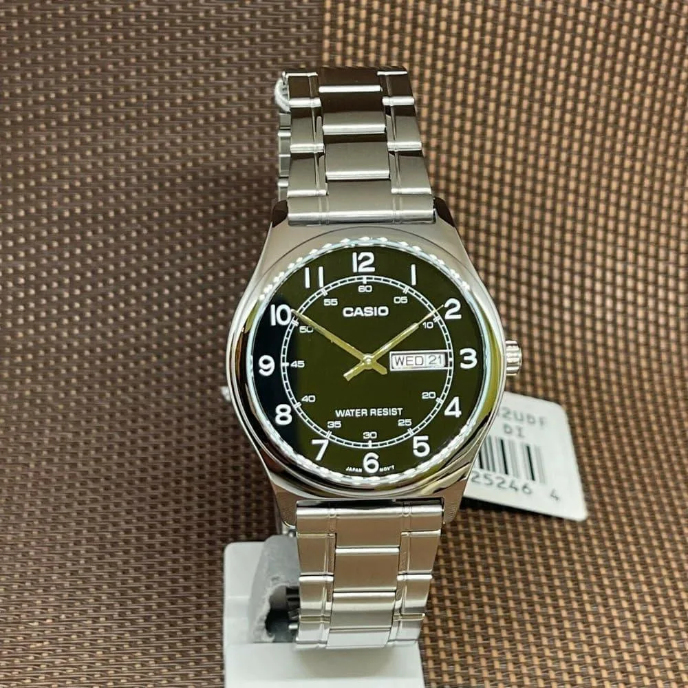 Reloj Casio para hombre de acero inoxidable, esfera negra y función de fecha, modelo MTP-V006D-1B2, diseño casual