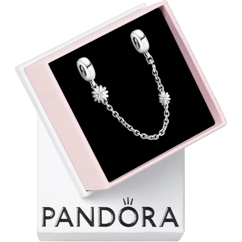 PANDORA Daisy Flower Safety Chain Charm - Compatible Moments Bracelets - Jewelry for Women - Gift for Women in Your Life - Made with Sterling Silver & Cubic Zirconia, No Box