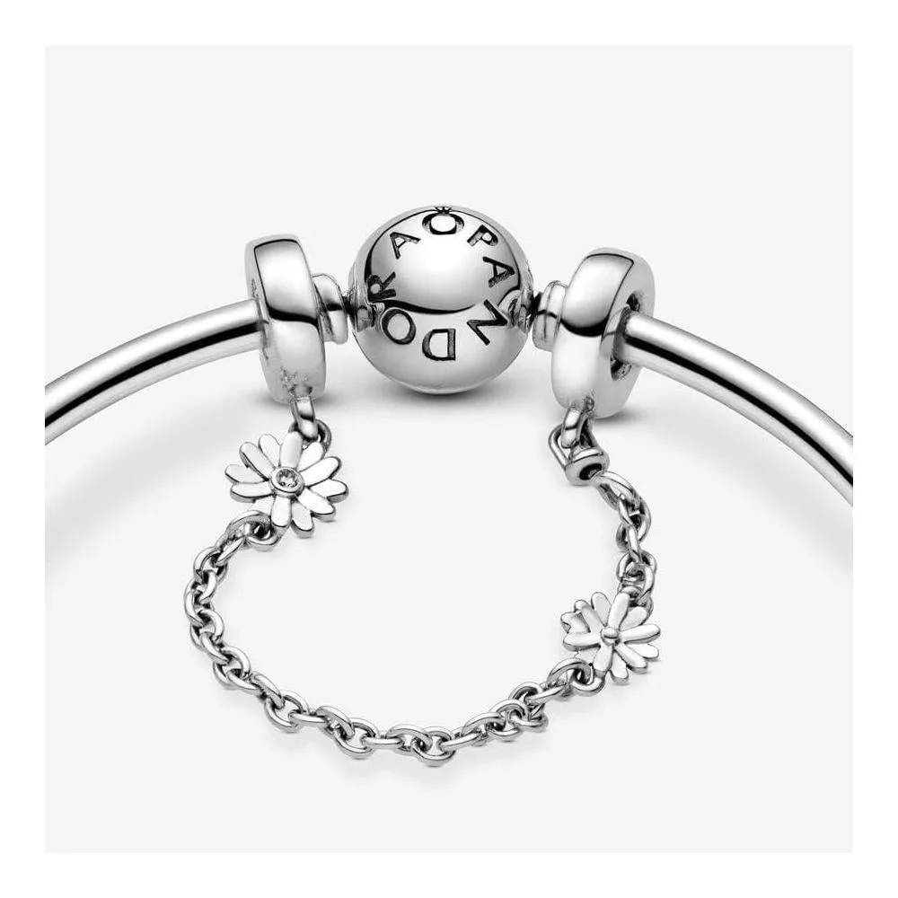 PANDORA Dije de cadena de seguridad de margaritas compatible con pulseras Moments, joyas para mujeres de plata de ley y circonita cúbica