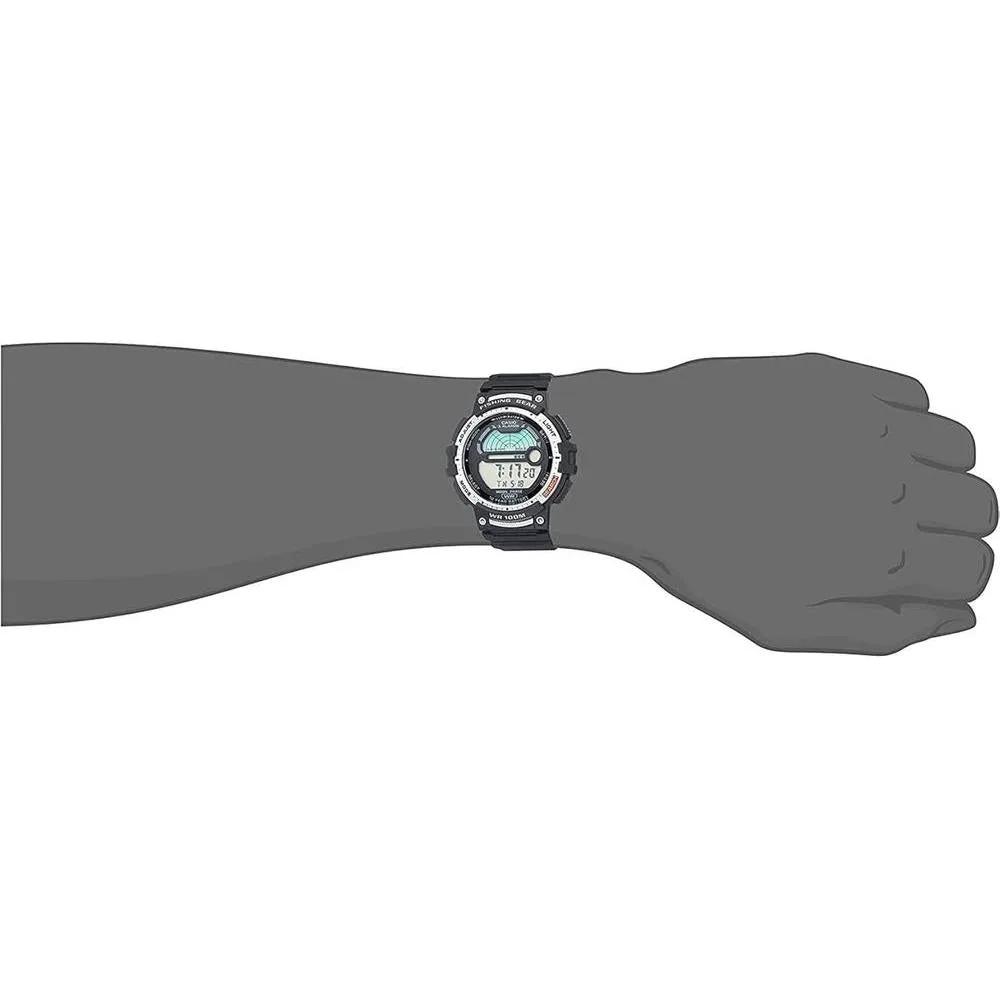 Reloj Casio para pesca con temporizador, luz LED, resistente al agua y datos de luna. Ideal para actividades acuáticas