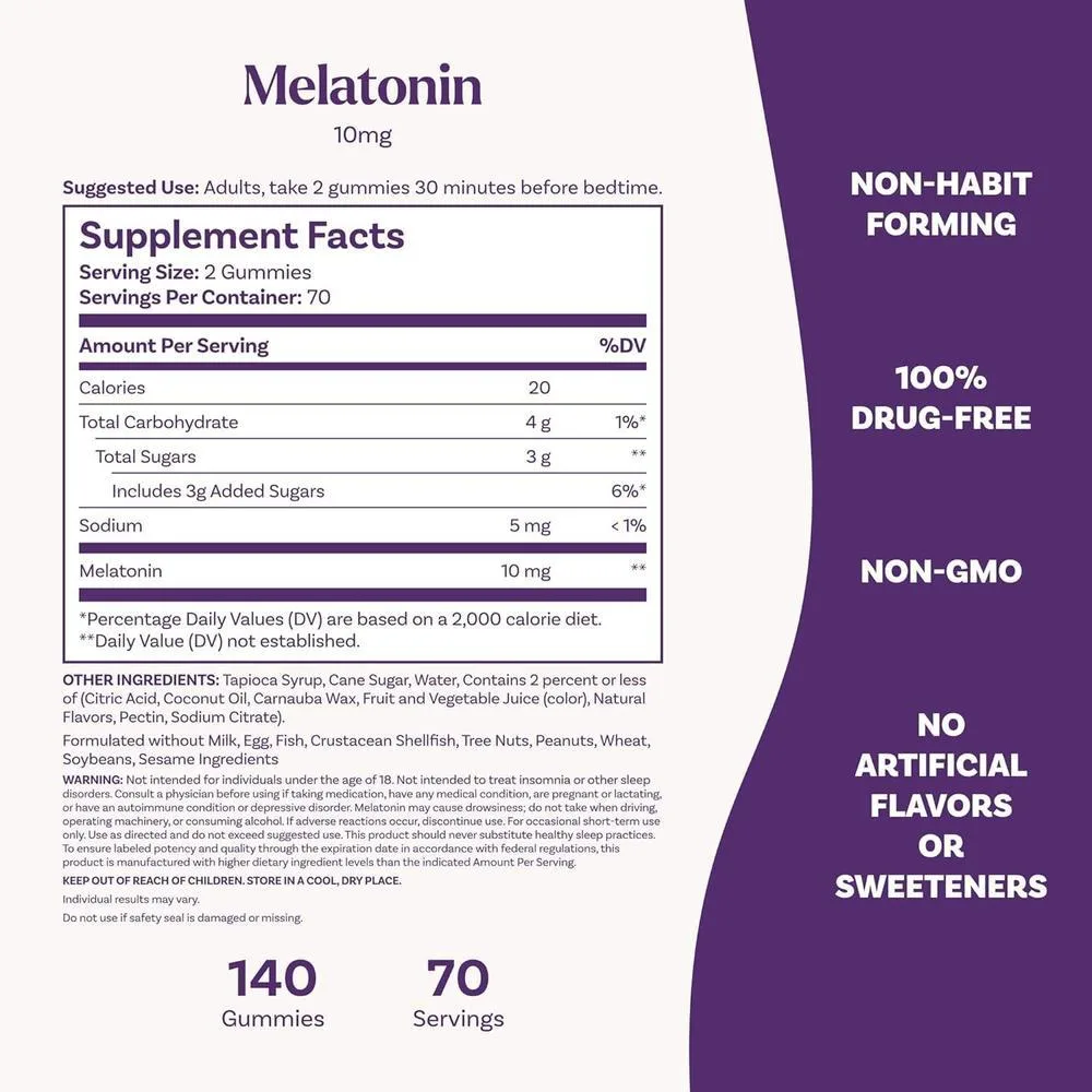 Gomitas de melatonina Natrol para adultos con 10 mg, sabor fresa, 140 unidades para apoyo al sueño hasta 70 días