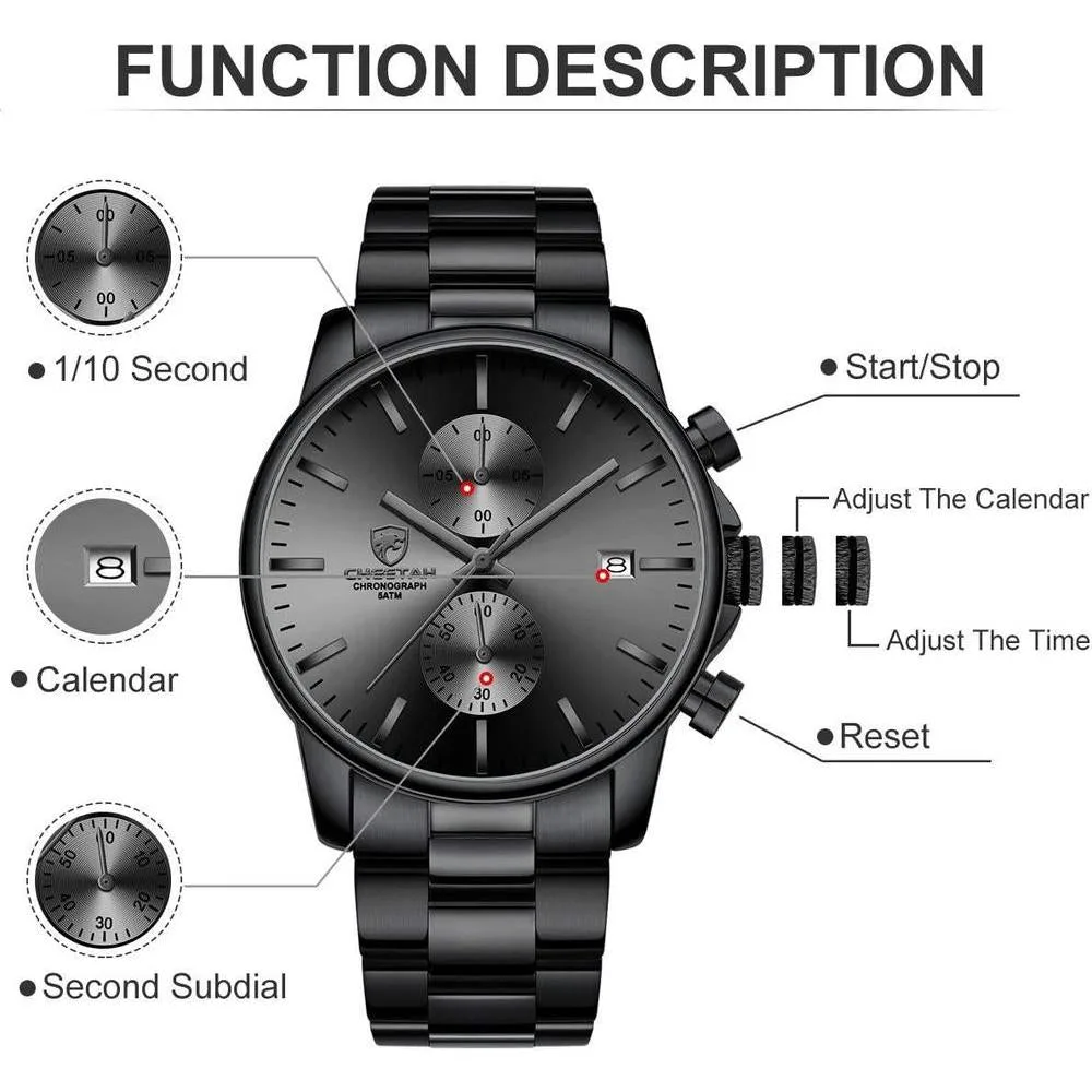 Reloj cronógrafo para hombre GOLDEN HOUR, acero inoxidable, resistente al agua, movimiento de cuarzo y fecha automática
