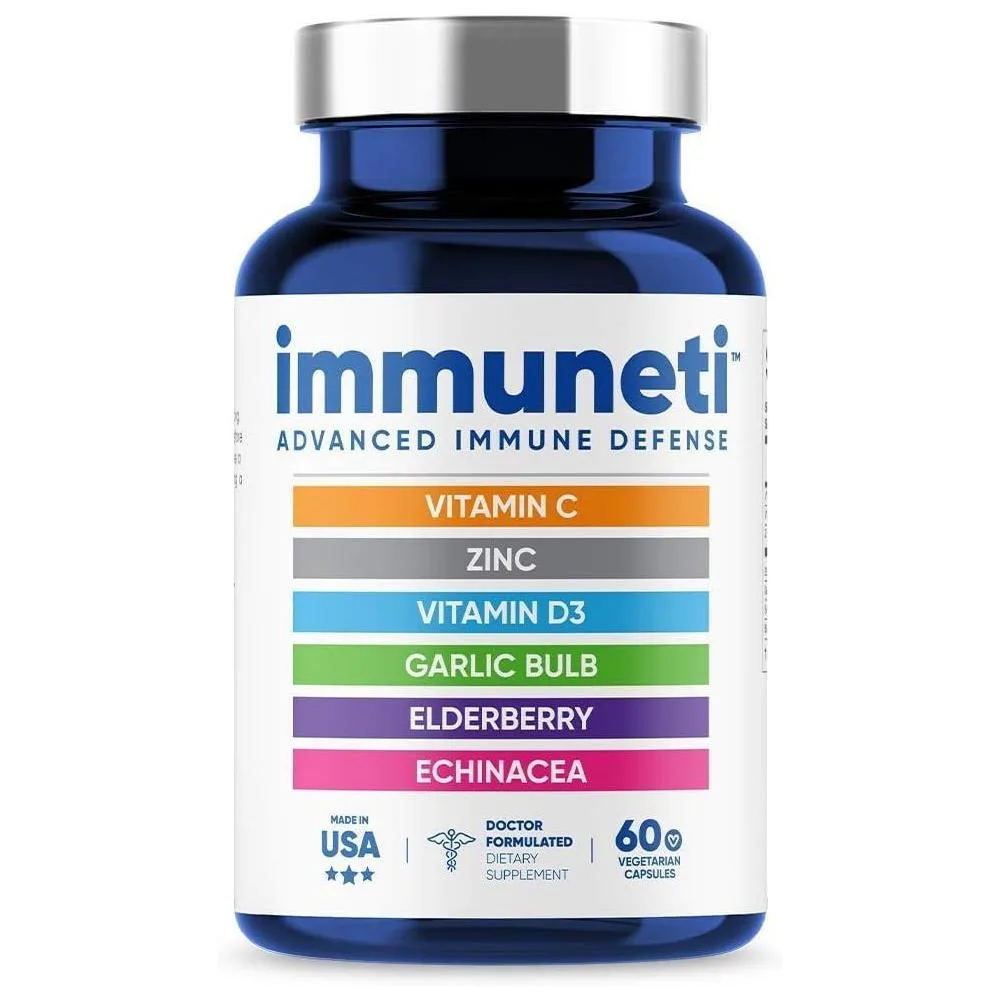 Immuneti - Defensa inmune avanzada, mezcla 6 en 1 con vitamina C, vitamina D3, zinc, saúco, ajo y equinácea