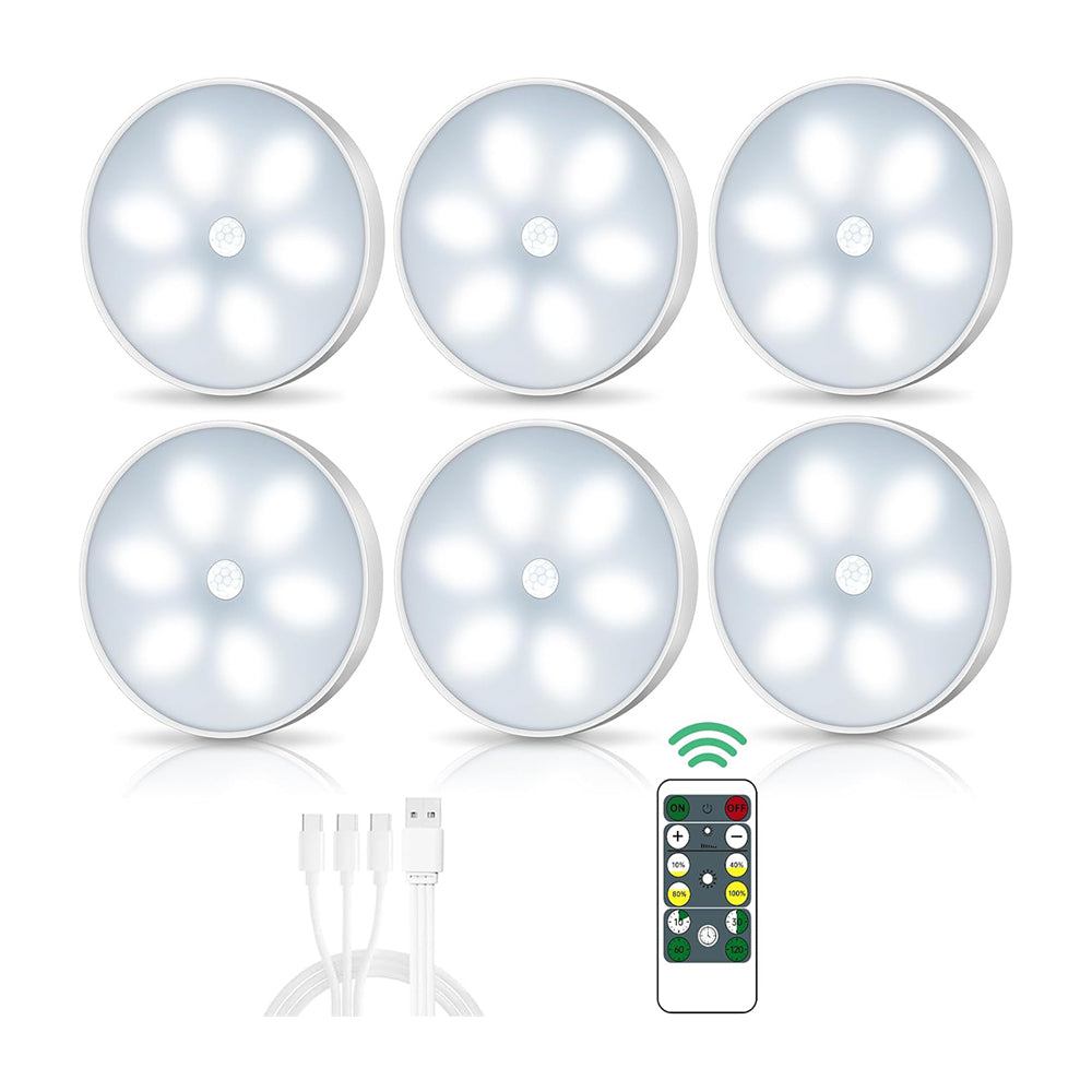 LED Closet Lights Wireless Motion Sensor Puck Light, Newest Version USB Rechargeable Dimmer Step Light with Remote, Night Safe Lighting for Under Cabinet, Counter, Kitchen, Hallway, Stairs (6 Pack)