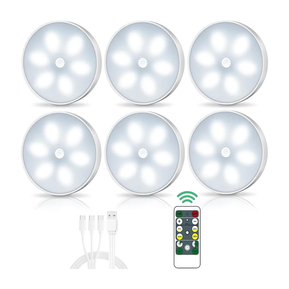 LED Closet Lights Wireless Motion Sensor Puck Light, Newest Version USB Rechargeable Dimmer Step Light with Remote, Night Safe Lighting for Under Cabinet, Counter, Kitchen, Hallway, Stairs (6 Pack)