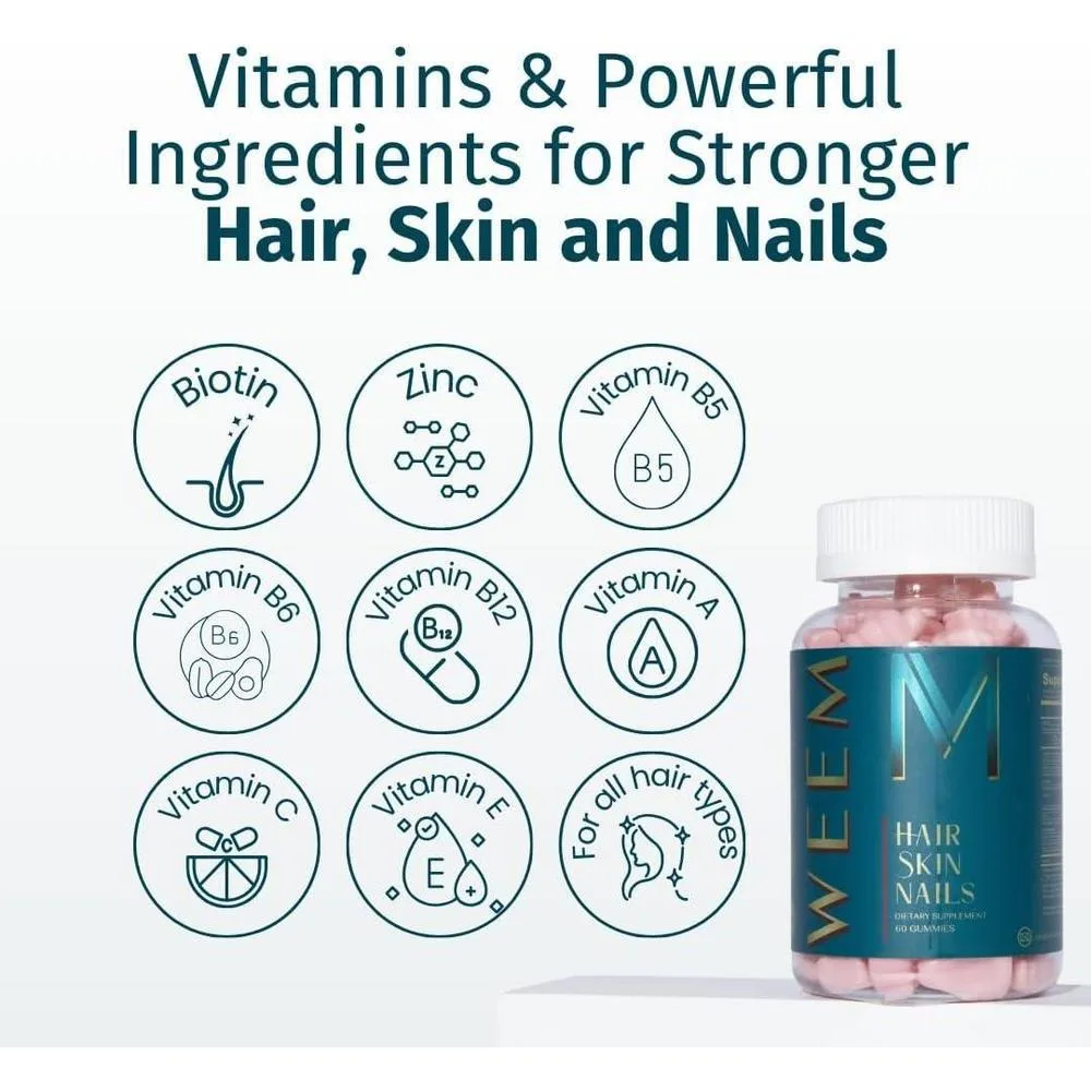 WEEM Gomitas veganas con biotina para cabello,salud de uñas y piel. Nutrición con vitaminas esenciales para fortalecer y revitalizar