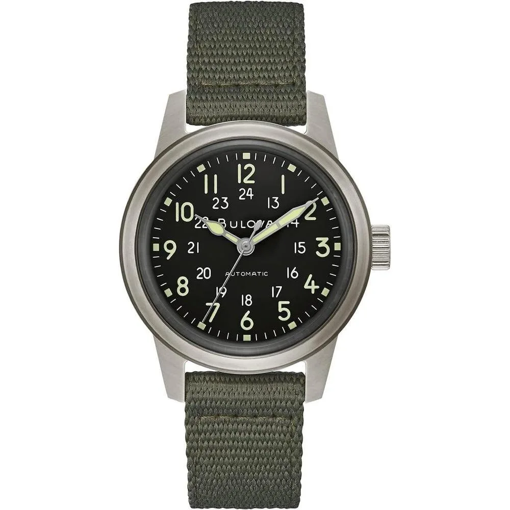Bulova Men's Military Heritage Hack Veteran's Watchmaking Initiative Watch in Stainless Steel with 3-Hand Automatic, Black NATO Leather Strap Style: 96A259