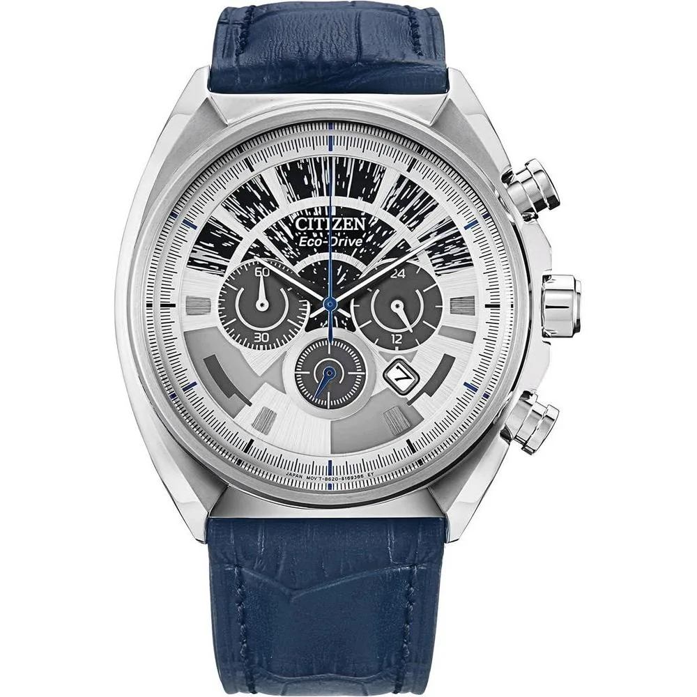 Citizen Eco-Drive Men's Star Wars Millennium Falcon Stainless Steel Chronograph Watch, Blue Leather Strap, Luminous, 44mm (Model: CA4281-00W)