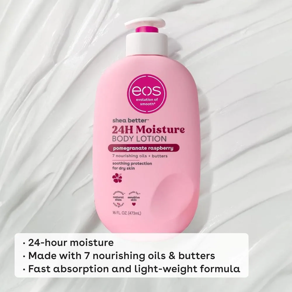 Eos Shea Better Loción corporal de granada frambuesa, cuidado de la piel las 24 horas, ligera y no grasosa, karité natural, vegano