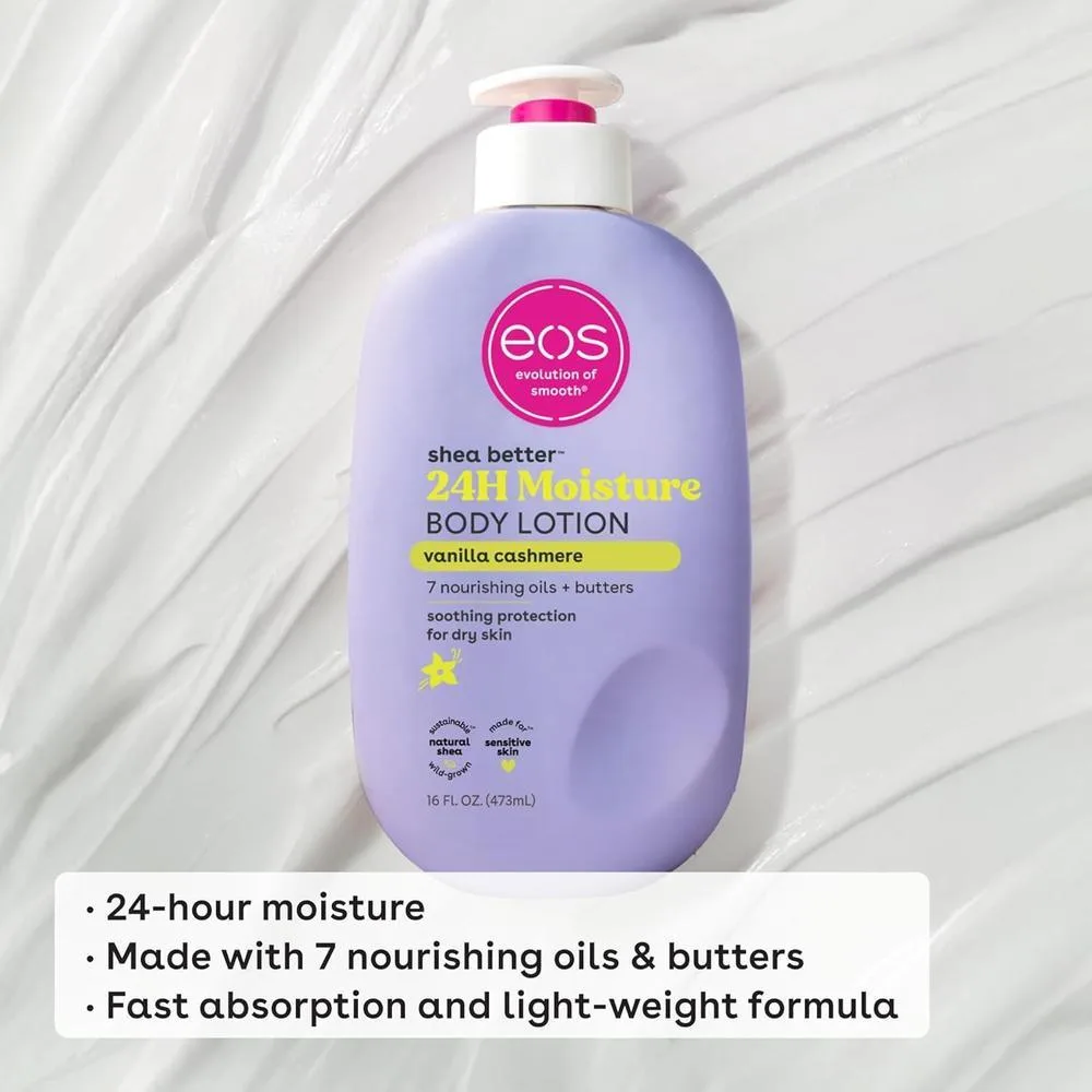 eos Shea Better Loción Corporal Vanilla Cashmere, Hidratación 24 Horas, Ligera y No Grasosa, Karité Natural, Vegana