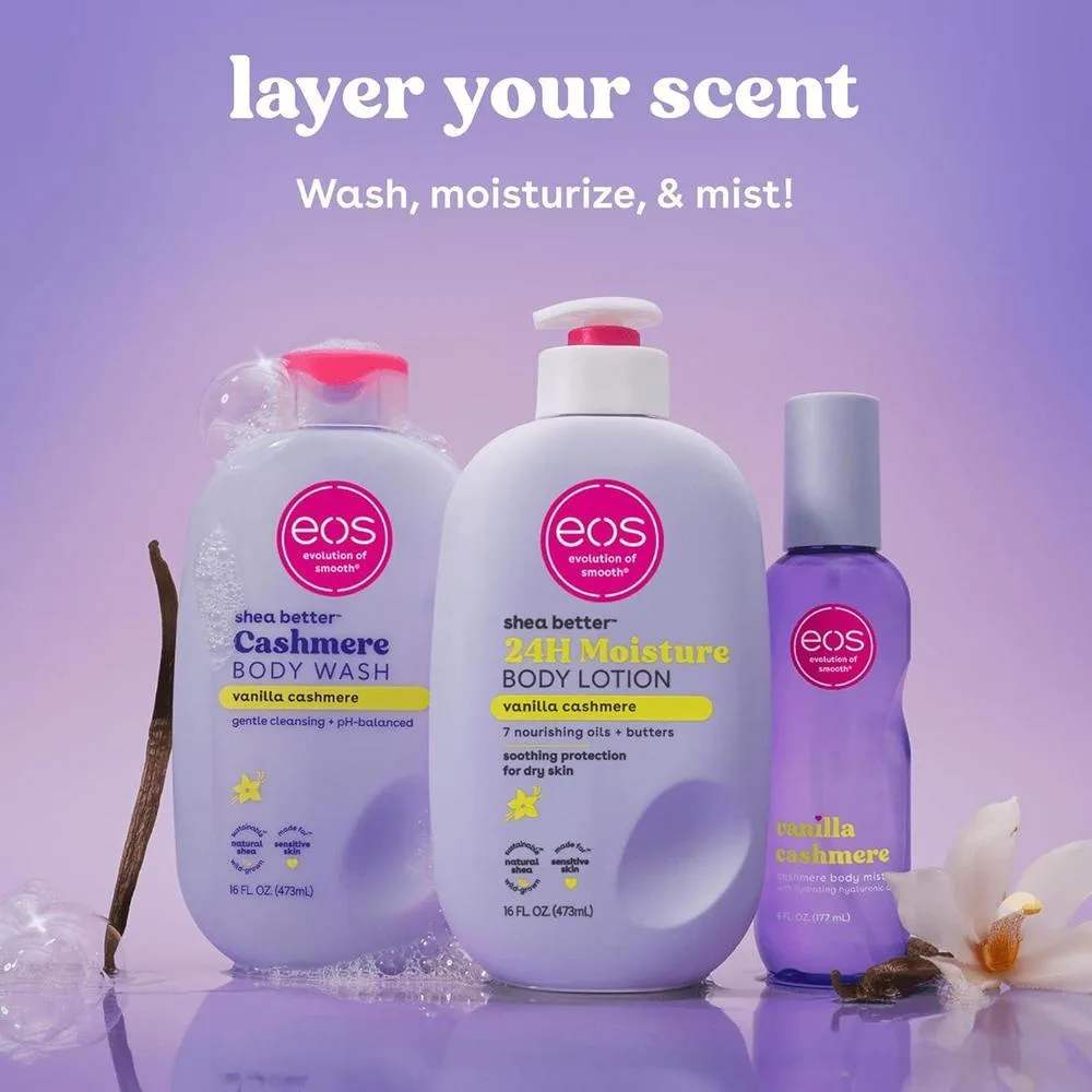 eos Shea Better Loción Corporal Vanilla Cashmere, Hidratación 24 Horas, Ligera y No Grasosa, Karité Natural, Vegana