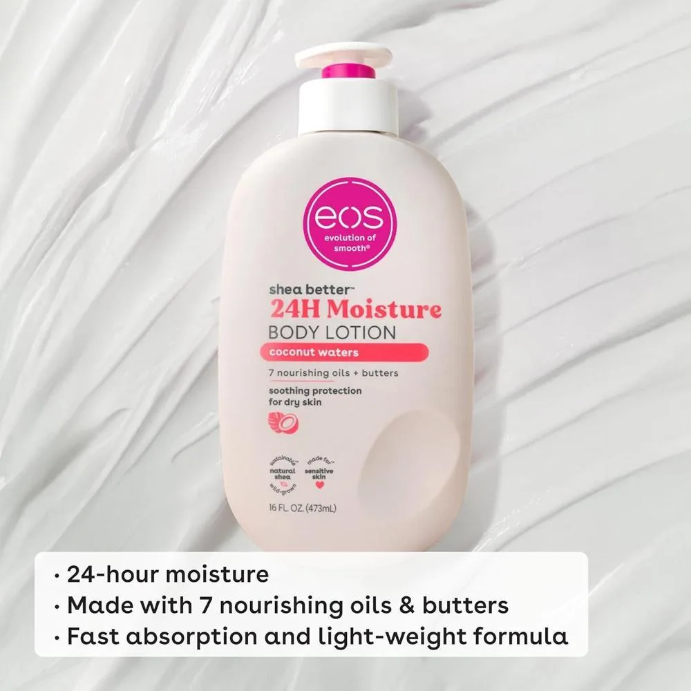 eos Loción corporal Coconut Waters, cuidado de piel 24 horas, ligera, no grasa, con karité natural, vegana, libre de crueldad