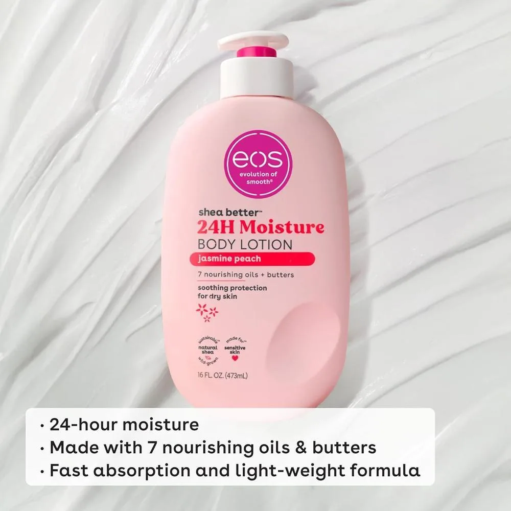 eos Shea Better Loción corporal Jasmine Peach, cuidado de la piel 24 horas, ligera, vegana y con karité natural