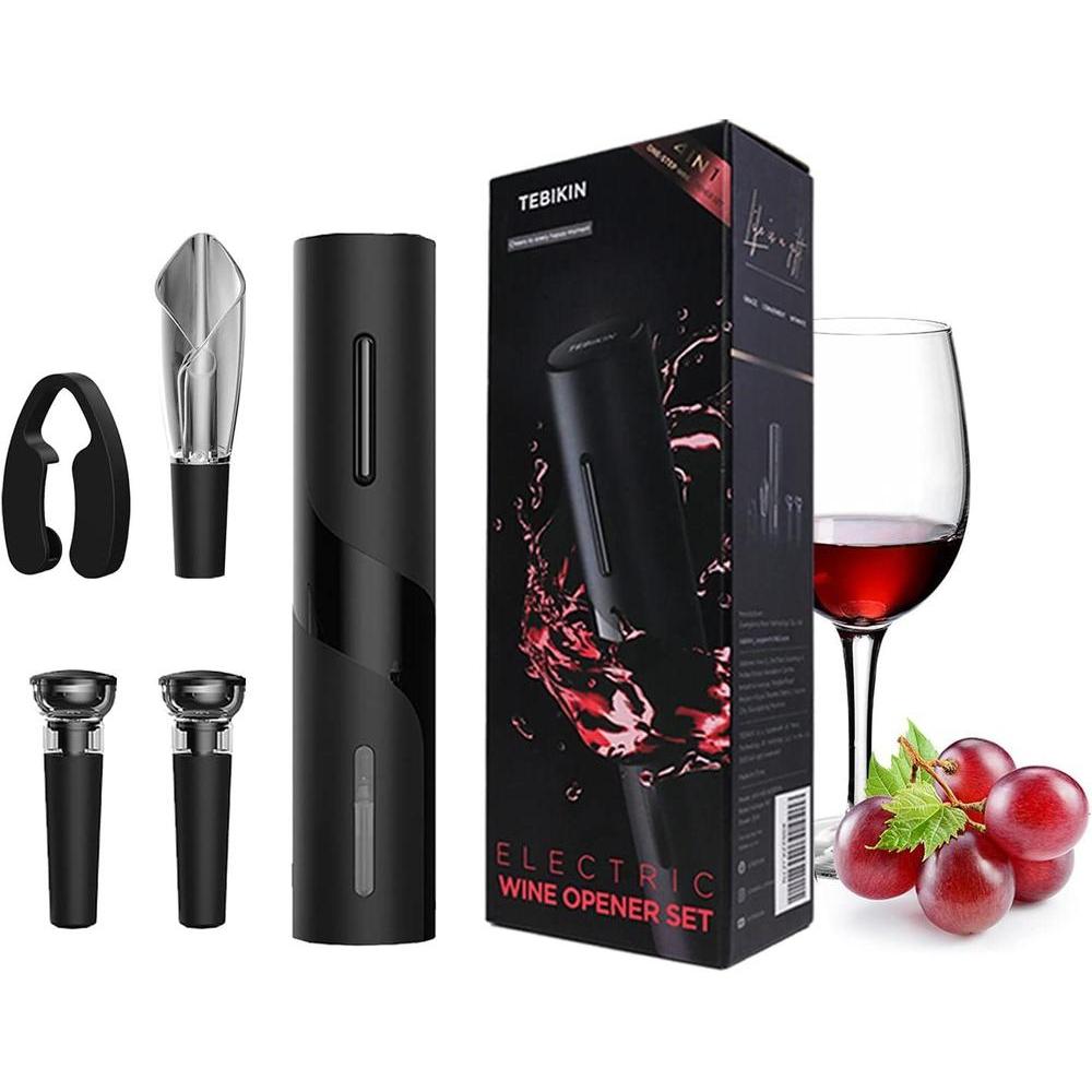 Electric Wine Opener Set TEBIKIN Automatic Wine Bottle Openers Cordless Battery Powered Corkscrew with Vacuum Wine Stoppers Wine Aerator Pourer Foil Cutter for Home Gift Party Valentine's Day