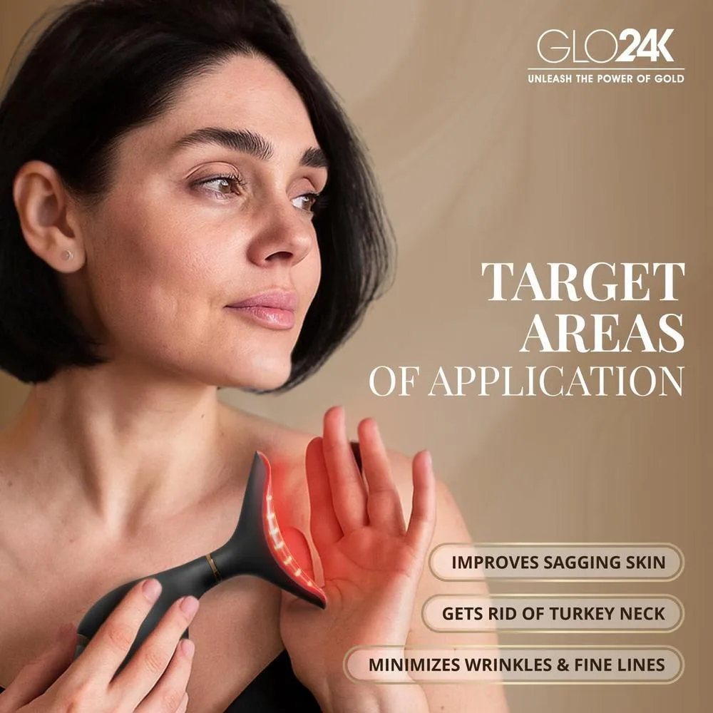 GLO24K Dispositivo facial y cuello con luz roja, masajeador 3 en 1 con vibración y LED para revitalizar y reafirmar la piel