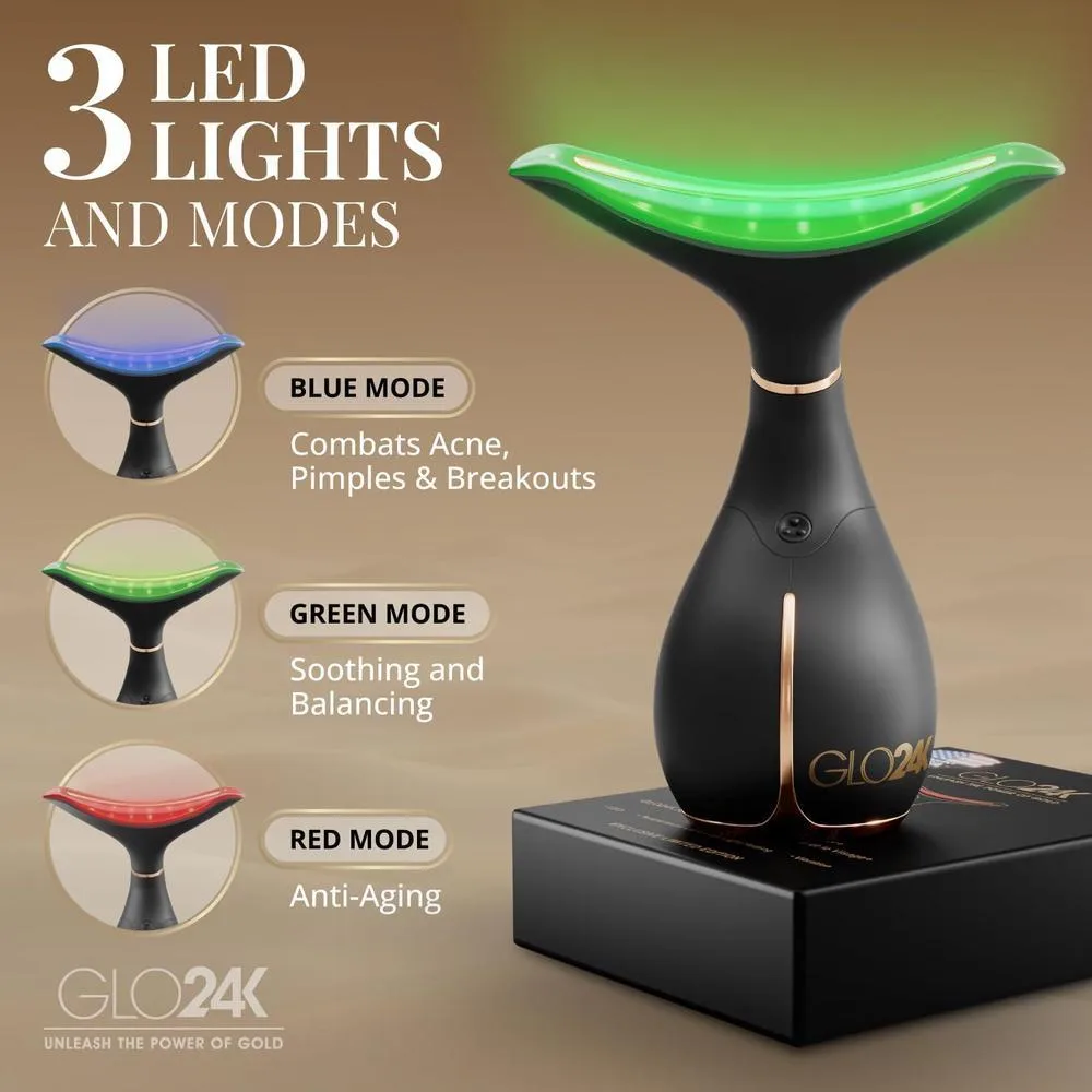 GLO24K Dispositivo facial y cuello con luz roja, masajeador 3 en 1 con vibración y LED para revitalizar y reafirmar la piel
