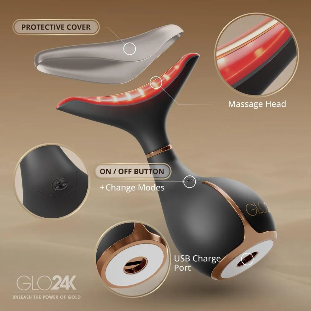 GLO24K Dispositivo facial y cuello con luz roja, masajeador 3 en 1 con vibración y LED para revitalizar y reafirmar la piel