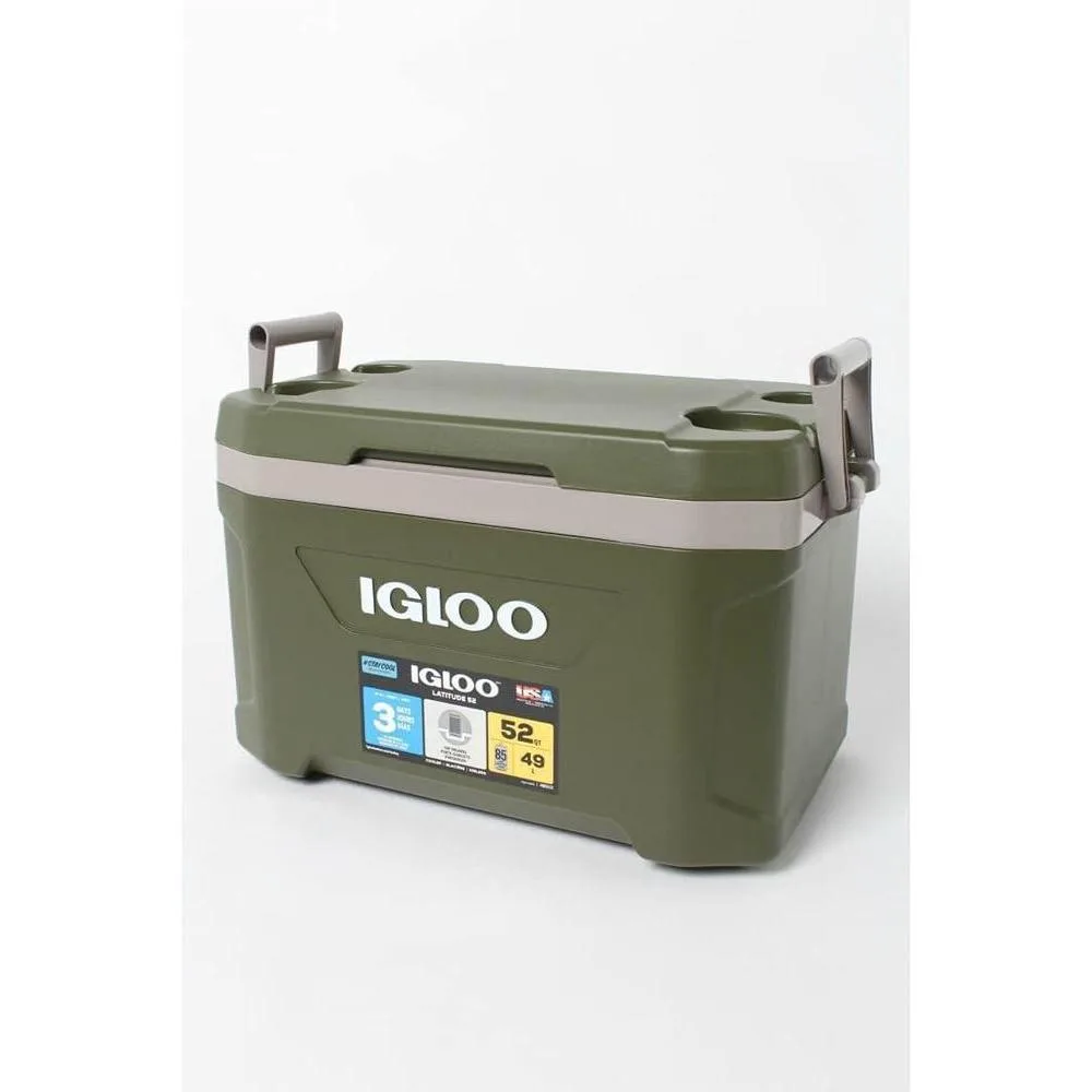 Nevera Igloo Sportsman Latitude 52 portatil para camping y pesca, capacidad 49 L y diseño duradero verde
