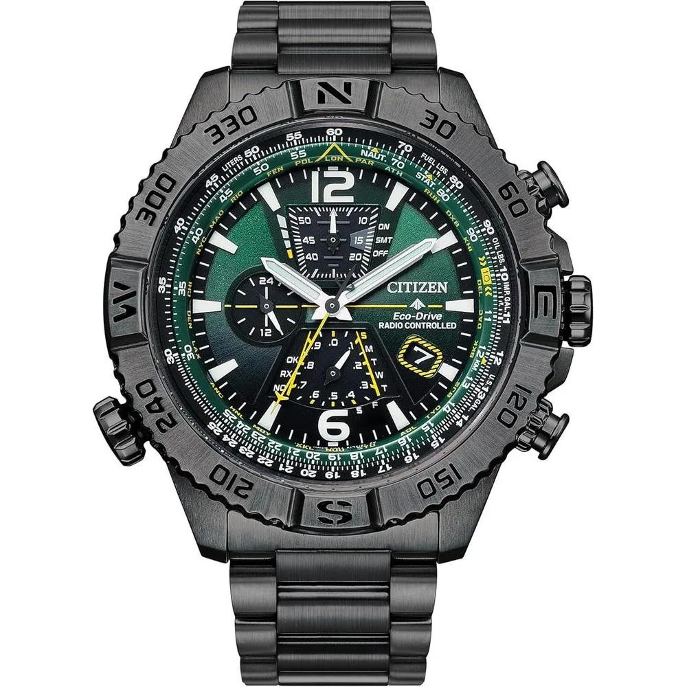 Citizen Men's Eco-Drive Promaster Navihawk A-T Watch, Green Dial, Gray Stainless Steel Bracelet, Atomic Timekeeping (Model: AT8227-56X)