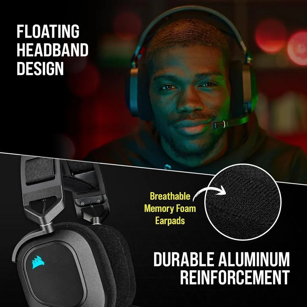 CORSAIR HS80 RGB Wireless Auriculares Gaming Multiplataforma con Sonido Inmersivo y Micrófono de Calidad