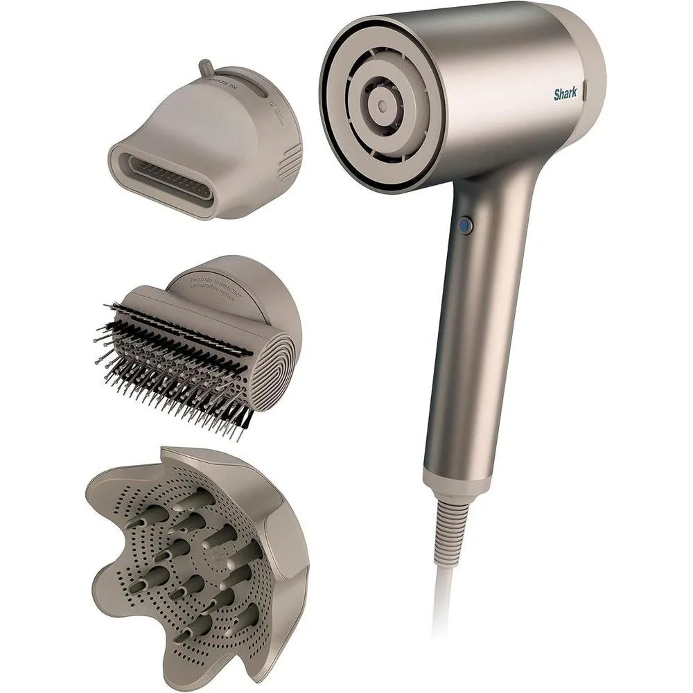 Shark HD120BRN Blow Dryer HyperAIR Fast-Drying with IQ 2-in-1 Concentrator, Styling Brush, and Curl-Defining Deep Diffuser Attachments, Ionic, No Heat Damage, for All Hair Types, Stone