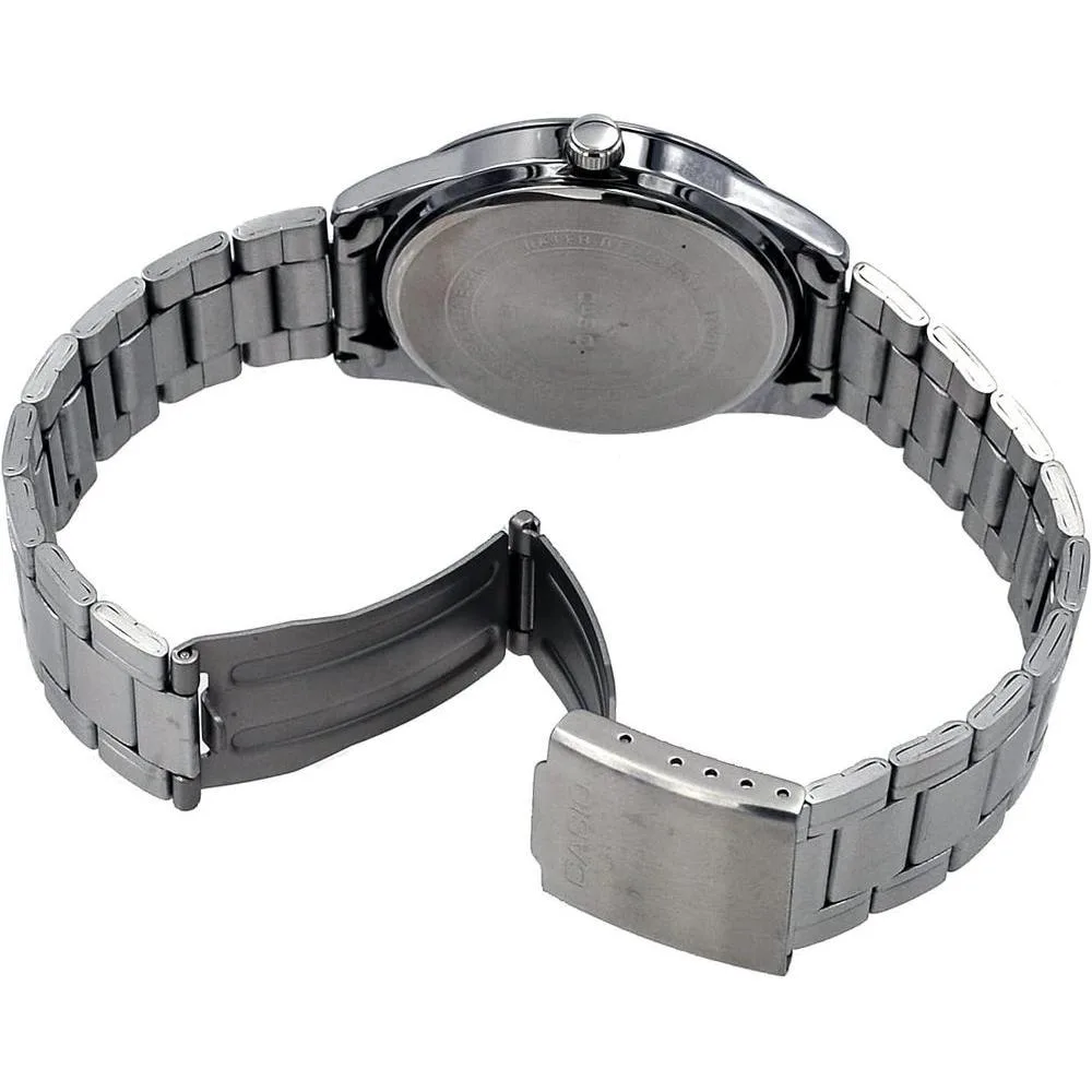 Reloj analógico Casio de acero inoxidable con esfera negra romana, movimiento de cuarzo para hombre