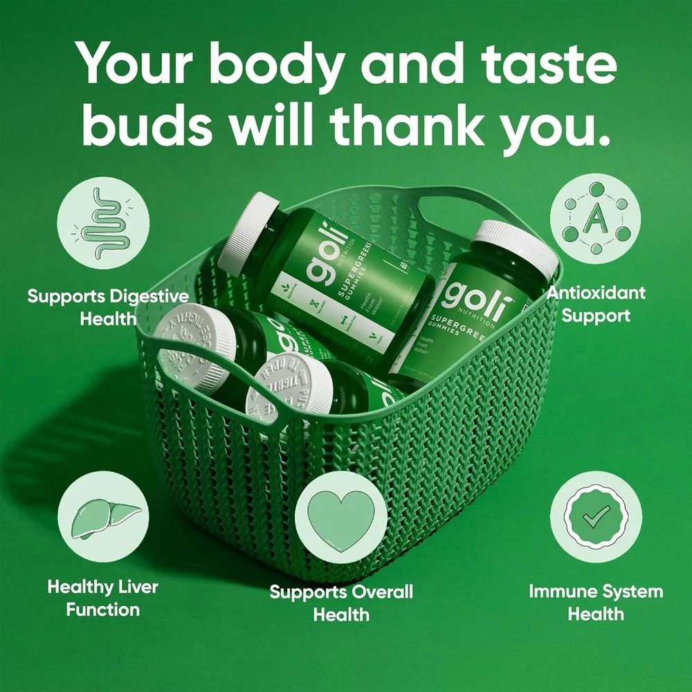 Goli Gomitas Supergreens con Probióticos, Extracto de Alcachofa, Espirulina y Col Rizada, Vitaminas A, B6, B12, Veganas y Sin Gluten