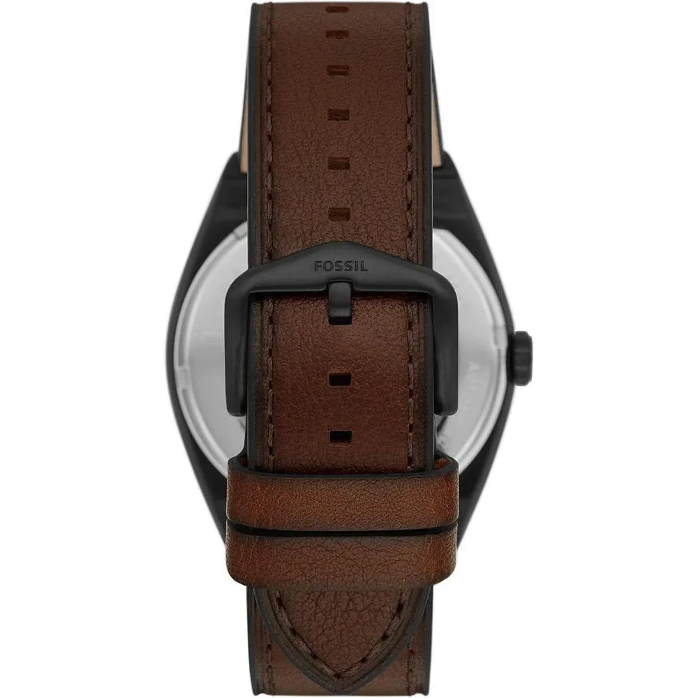 Reloj de Pulsera Automático Fossil Everett en Acero Inoxidable con Correa de Cuero, Esfera Negra y Resistente al Agua