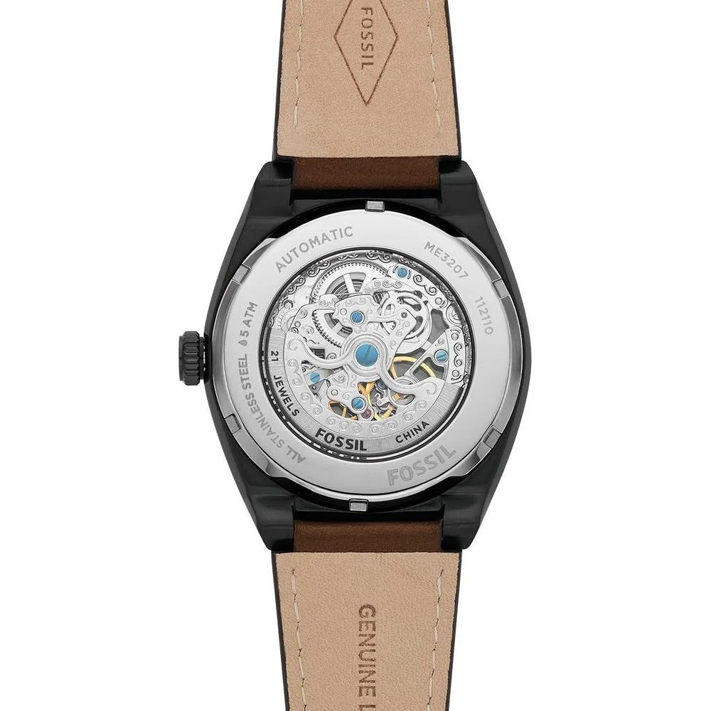 Reloj de Pulsera Automático Fossil Everett en Acero Inoxidable con Correa de Cuero, Esfera Negra y Resistente al Agua