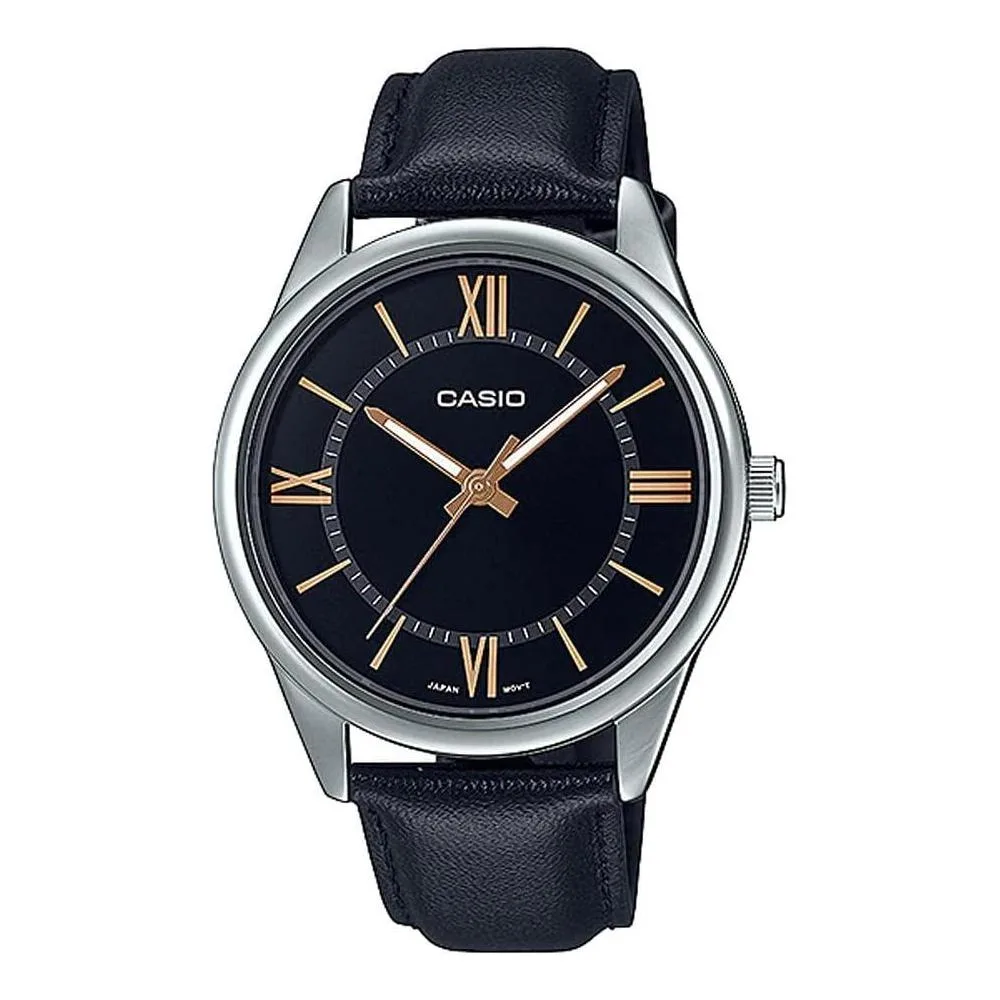 Casio MTP-V005L-1B5 Men's Standard Analog Black Leather Band Roman Black Dial Watch