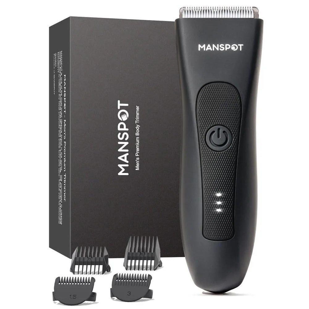 MANSPOT Manscape - Recortadora de pelo de ingle y vello púbico p/hombres, afeitadora eléctrica, con 4 protectores, cabezales de cuchilla de cerámica reemplazables, impermeable, en húmedo/seco, 90 min