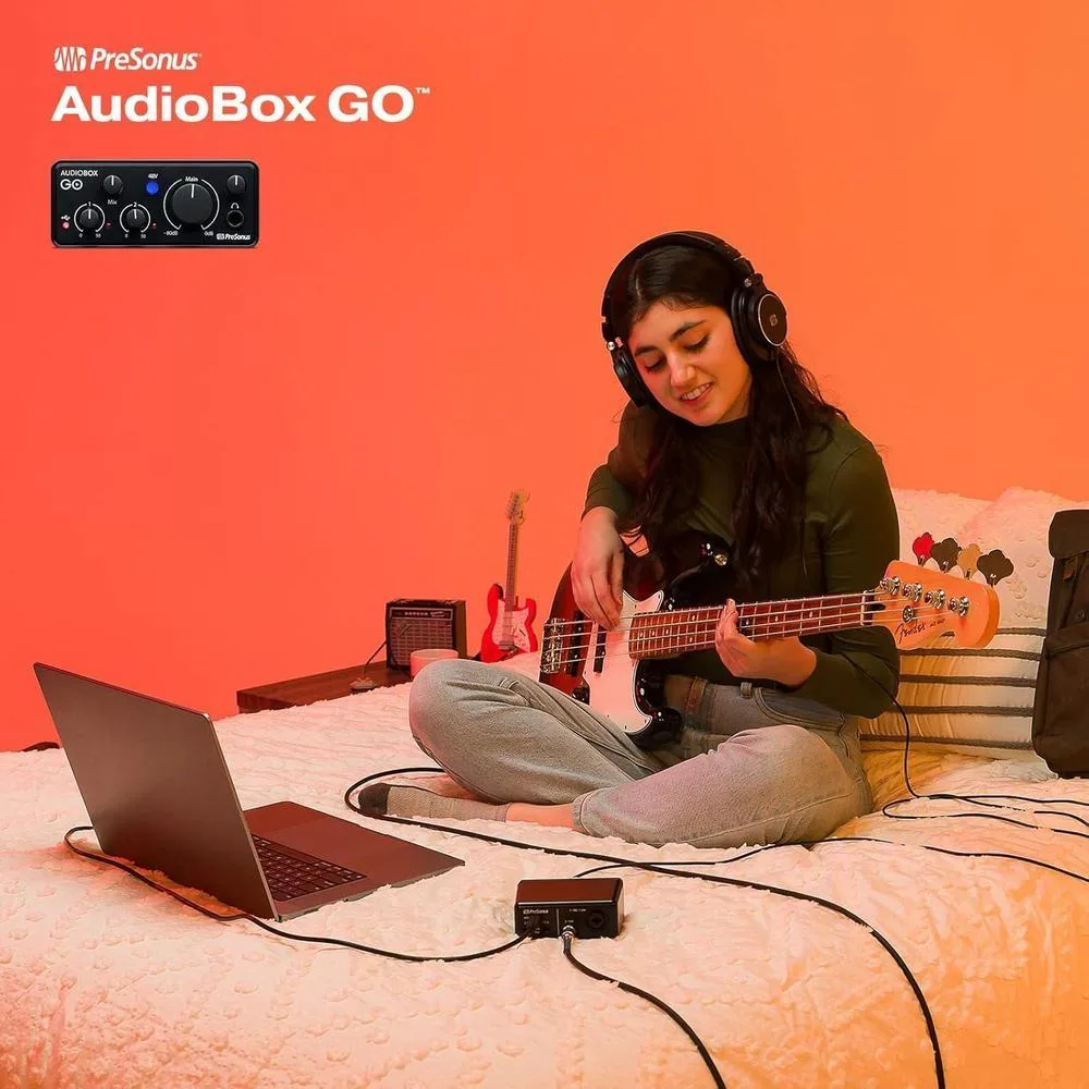 PreSonus AudioBox GO | Interfaz de audio USB-C para producción musical con software DAW y tutoriales incluidos.