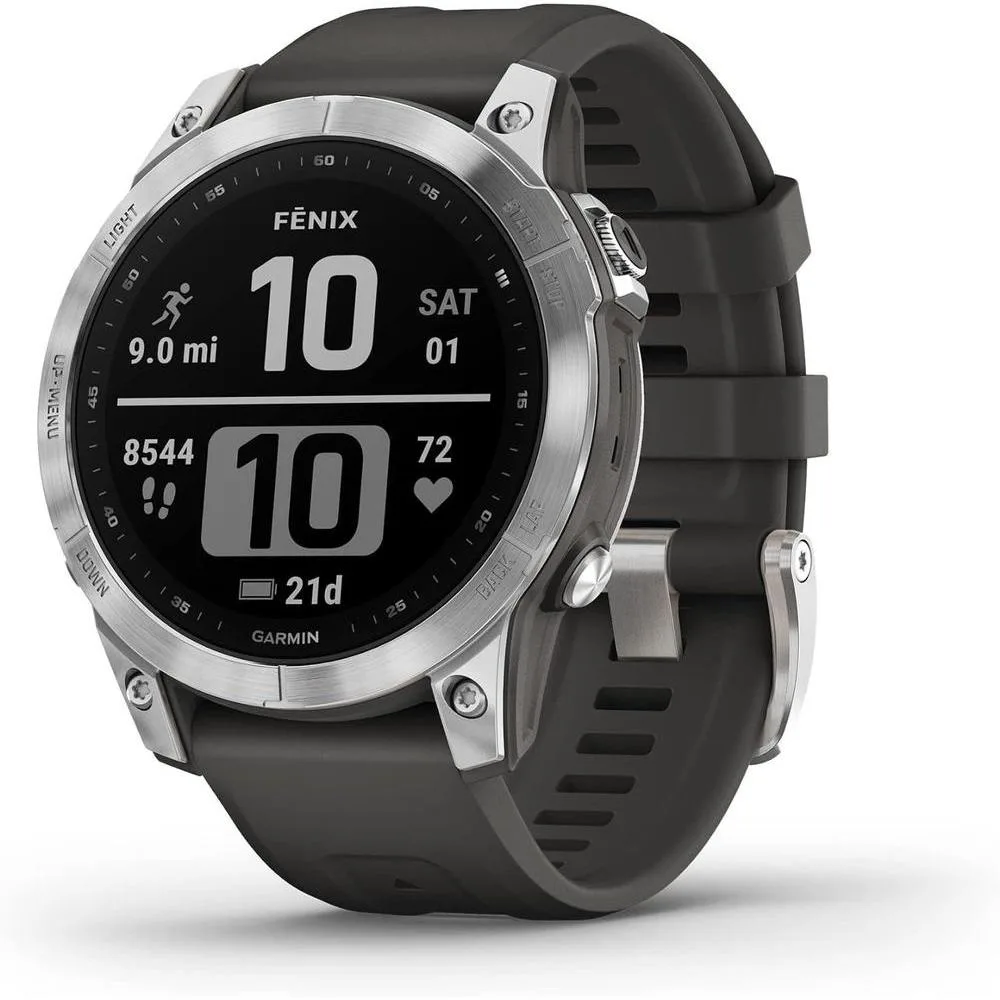 Garmin fenix 7, adventure smartwatch, rugged outdoor watch with GPS, touchscreen, health and wellness features, silver with graphite band - 010-02540-00