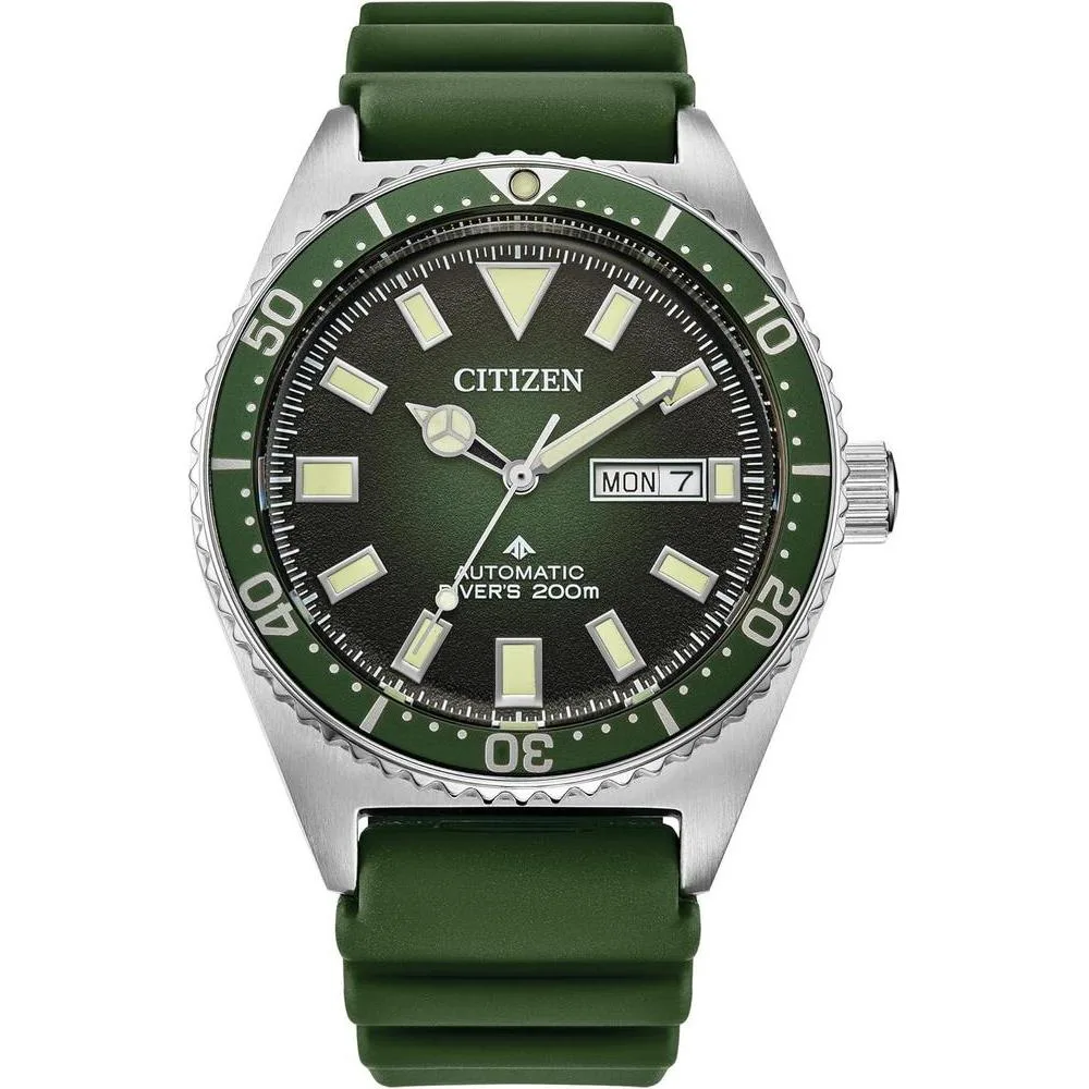 Citizen Men's Promaster Dive Automatic 3-Hand Stainless Steel on Green Polyurethane Strap Watch, Day Date, Luminous, 41mm