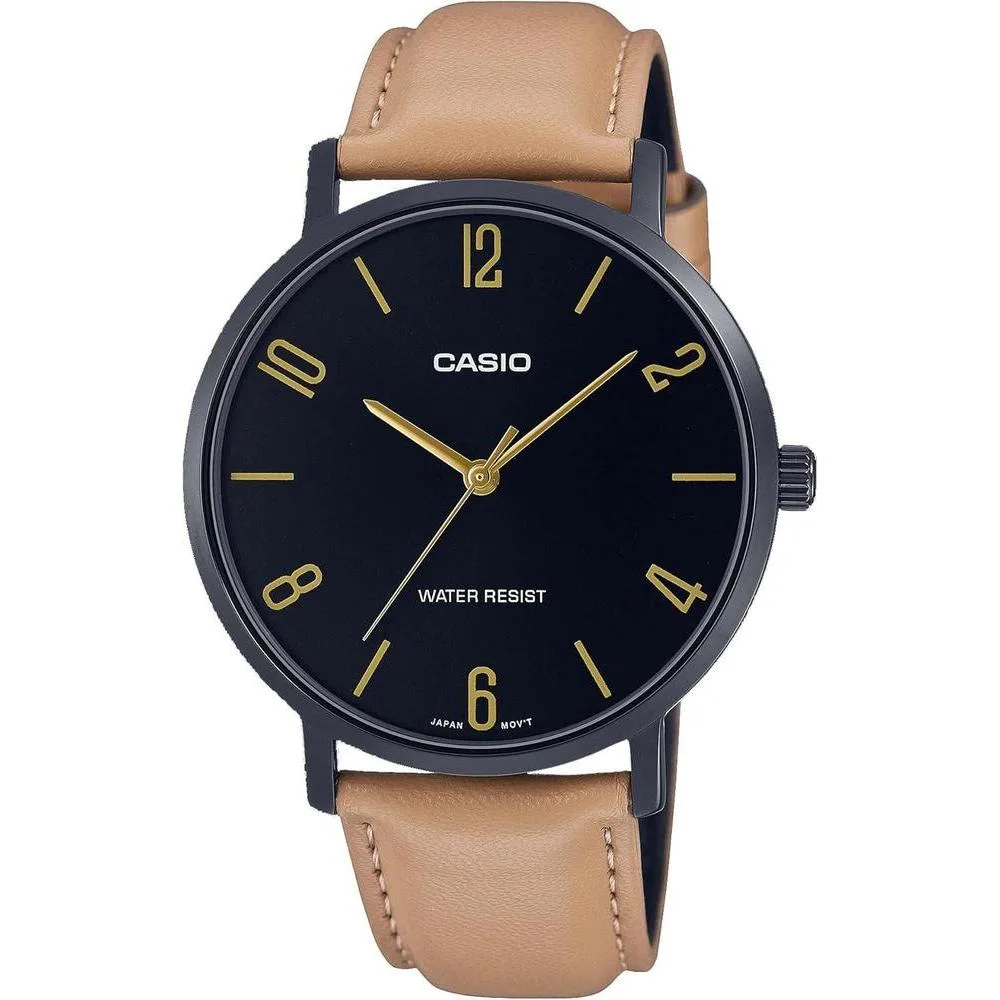Casio MTP-VT01BL-1B Men's Minimalistic Black IP Leather Band Black Dial 3-Hand Analog Watch