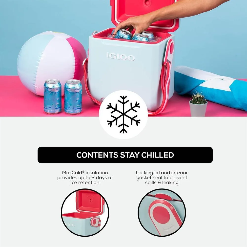 Enfriador Igloo estilo picnic con correa ajustable y aislamiento MaxCold, ideal para bebidas deportivas y botellas