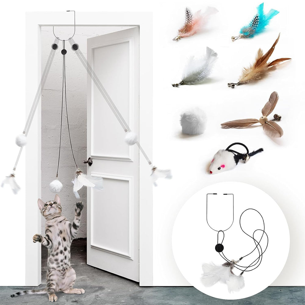 LEKEWPET Juguetes retráctiles de plumas para gatos, 8 piezas de repuesto de plumas con campana, juguetes interactivos para colgar en la puerta, juguetes para gatos de interior. Pompón y pluma de juego de gatitos.