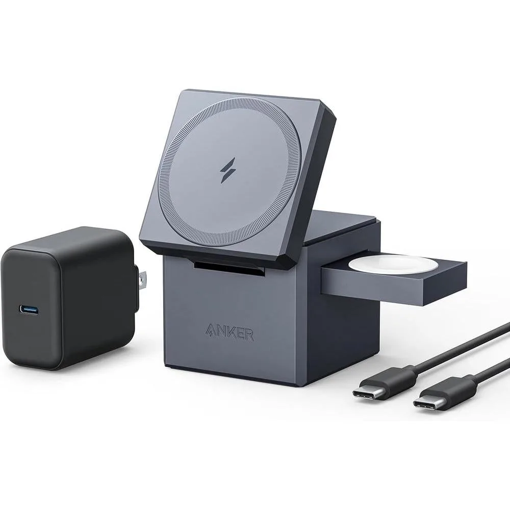 Anker MagSafe Charger Stand, iPhone 16 Wireless Charger, 3-in-1 Cube with MagSafe, 15W Foldable Fast Charging Stand, For iPhone 16/15/14/13, Apple Watch 1-8/Ultra, AirPods (30W USB-C Charger Included)