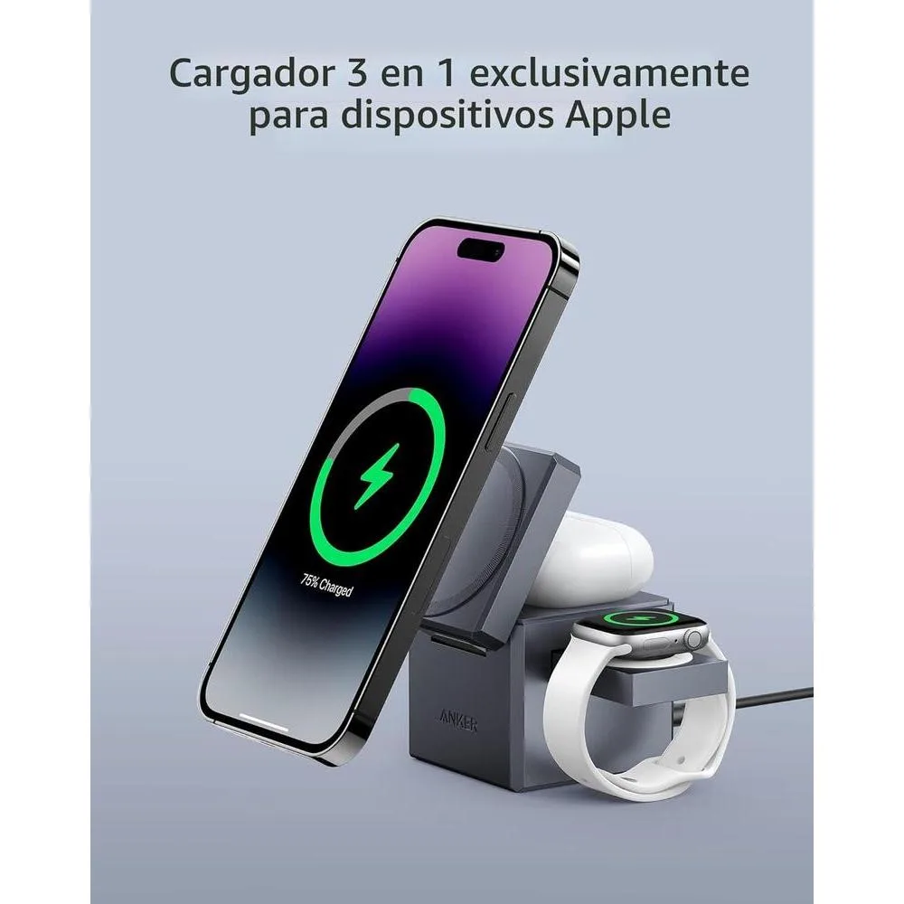 Anker Soporte cargador 3 en 1 con MagSafe para iPhone y Apple Watch, diseño plegable con carga rápida de 15W