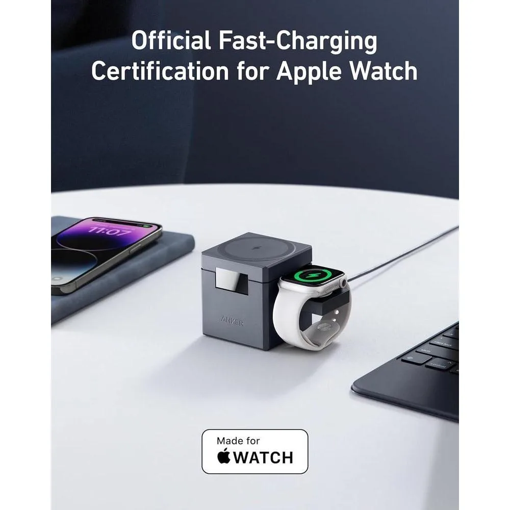 Anker Soporte cargador 3 en 1 con MagSafe para iPhone y Apple Watch, diseño plegable con carga rápida de 15W