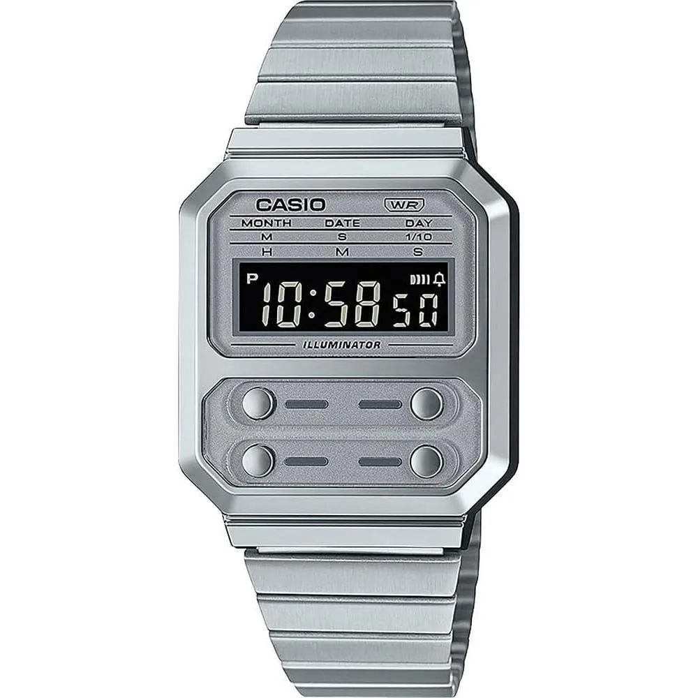 Casio A100WE-7B Men's Vintage Collection Silver Tone Alarm Chronograph Backlight Digital Watch