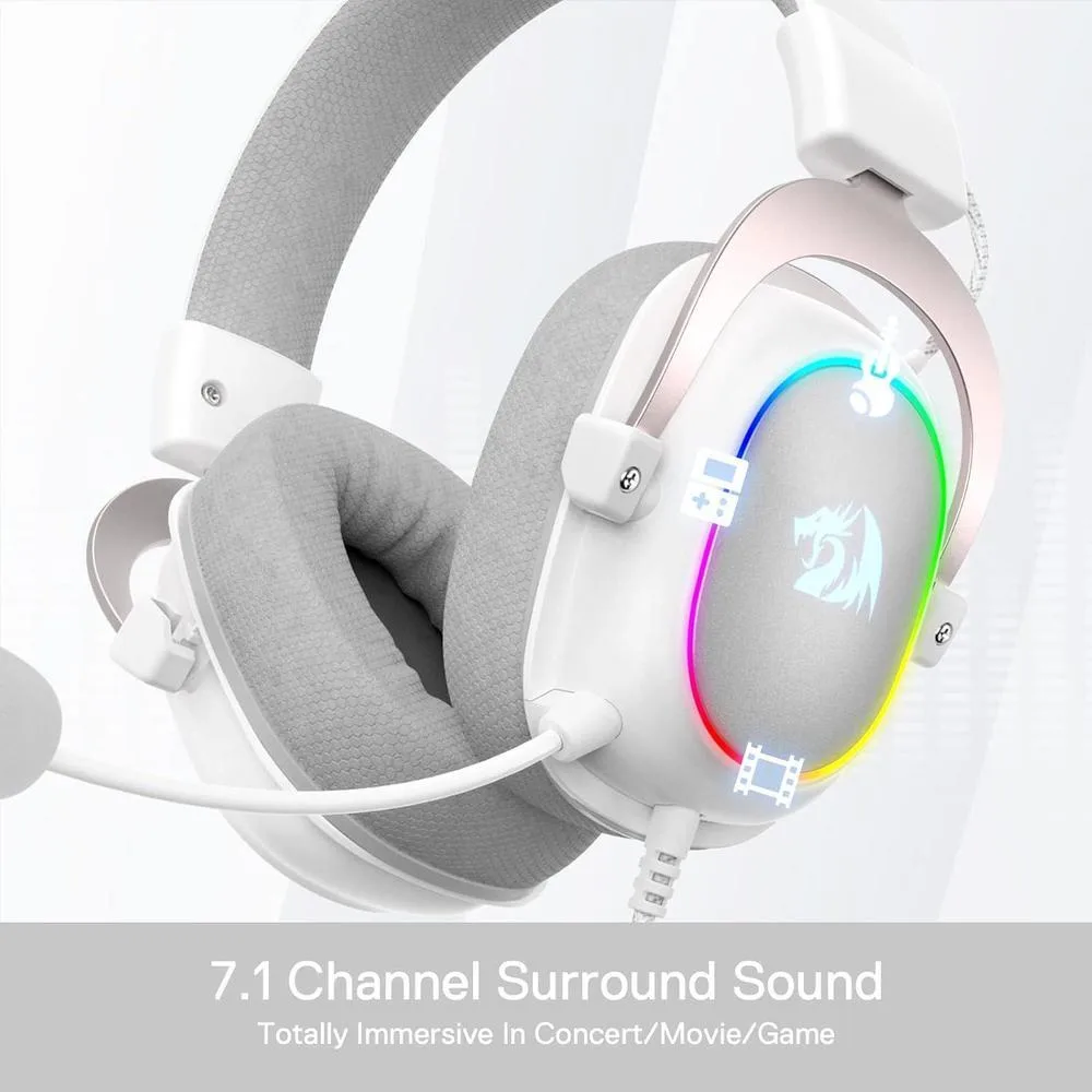 Redragon H510 Zeus-X RGB Auriculares gaming Blanco con sonido 7.1, controladores de audio en almohadillas de espuma viscoelástica
