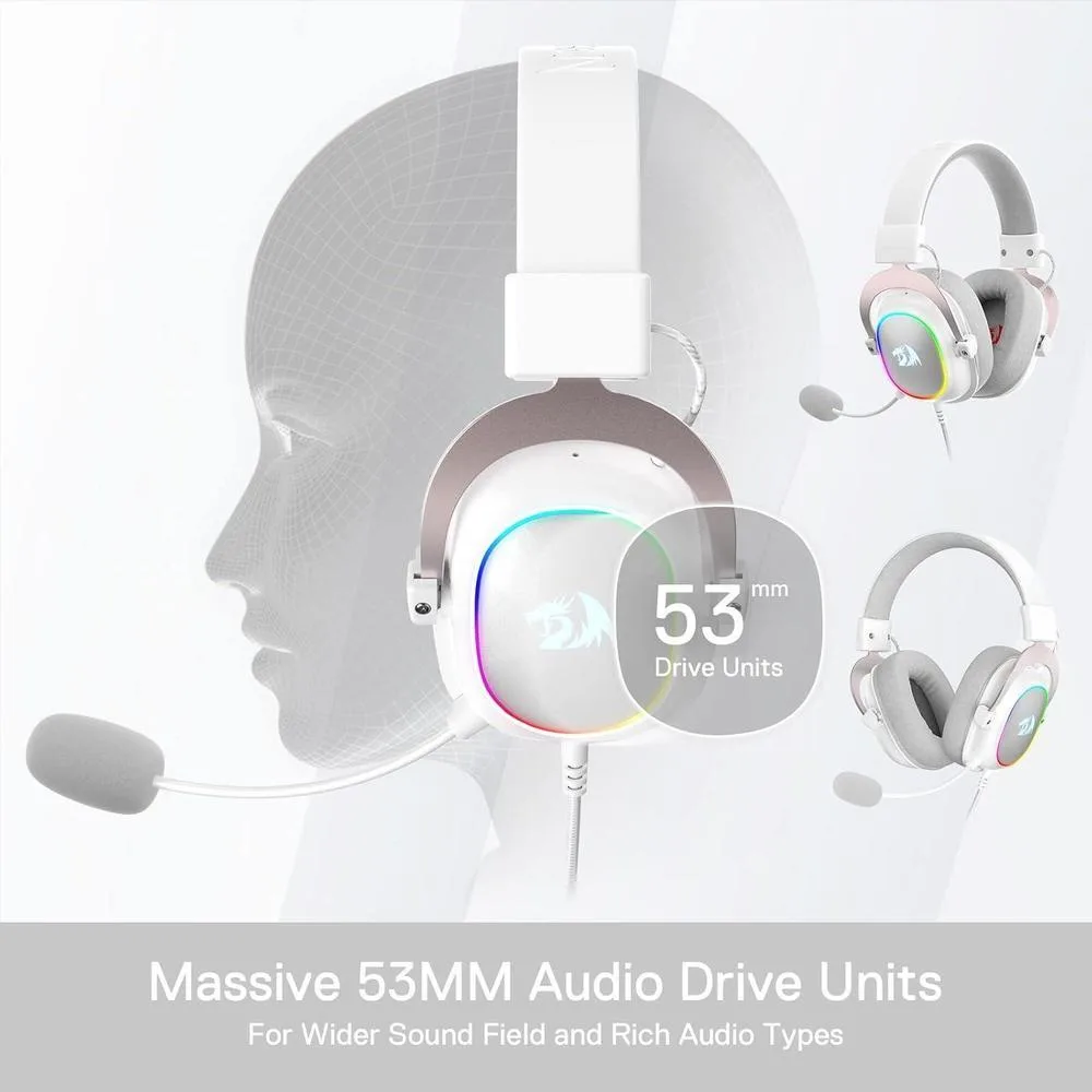 Redragon H510 Zeus-X RGB Auriculares gaming Blanco con sonido 7.1, controladores de audio en almohadillas de espuma viscoelástica