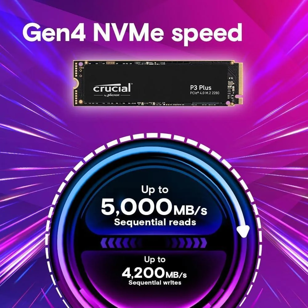 Crucial P3 Plus SSD 4TB, PCIe Gen4, 3D NAND, NVMe, M.2, hasta 5000MB/s, Compatible con versiones anteriores Gen3