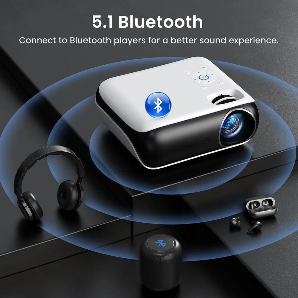 Proyector Mini Bluetooth 1080P Full HD portátil para exteriores, compatible con smartphone, HDMI, USB, AV y PS5