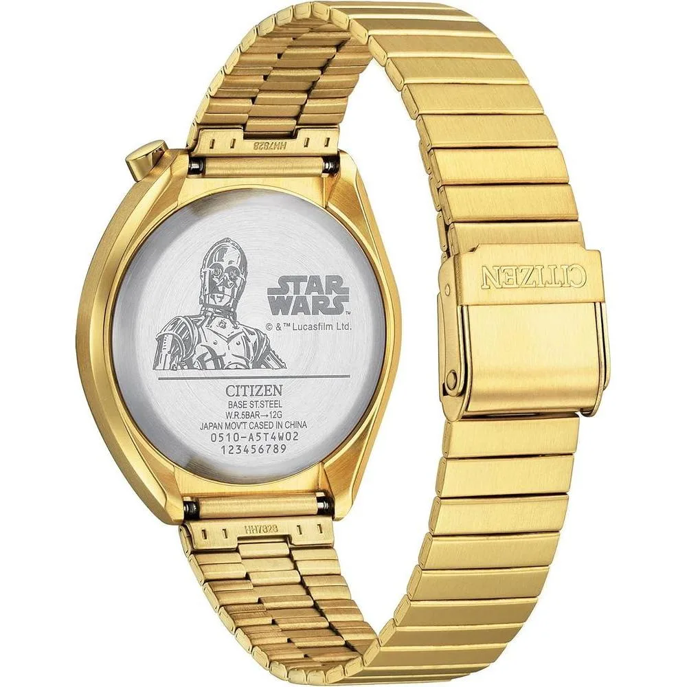 Citizen Reloj de cuarzo Star Wars para hombre inspirado en C-3PO, diseño coleccionable en acero inoxidable dorado