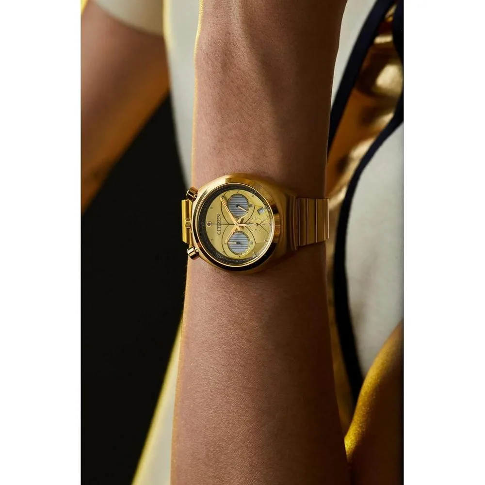 Citizen Reloj de cuarzo Star Wars para hombre inspirado en C-3PO, diseño coleccionable en acero inoxidable dorado