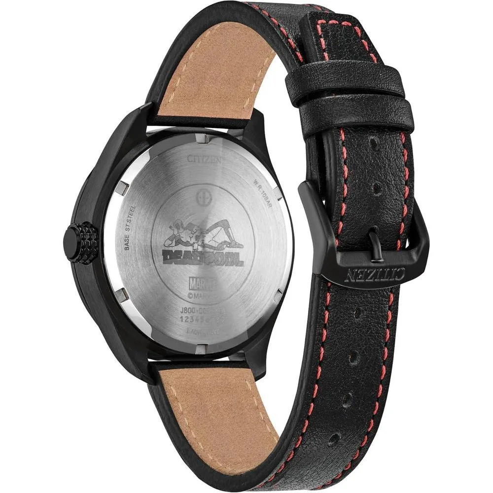 Citizen Eco-Drive Marvel 'Here Comes Deadpool', caja de acero inoxidable negro, correa y esfera negra de cuero