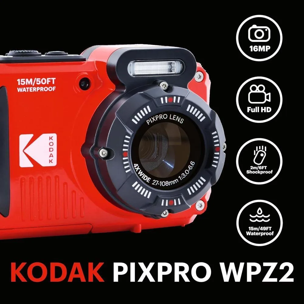 Cámara digital KODAK PIXPRO WPZ2 resistente al agua con zoom óptico 4X, pantalla LCD y video Full HD, color rojo